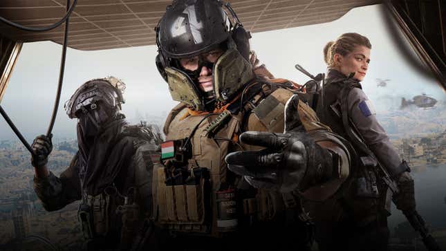 An operator in Call of Duty promo art extends their hand to the camera.