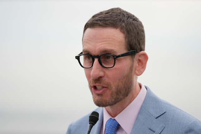 California State Senator Scott Wiener speaks during a news conference in San Francisco, Friday, Jan. 26, 2024. Business and agricultural groups sued California Tuesday, Jan. 30, 2024, over the most sweeping climate disclosure mandates in the nation, arguing they overstep on the federal government&#39;s authority to regulate emissions nationwide. Sen. Wiener authored a law requiring companies making more than $1 billion annually and do business in California to disclose their direct and indirect greenhouse gas emissions. (AP Photo/Eric Risberg)