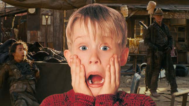 Kevin from Home Alone looks shocked in front of a scene from Fallout.