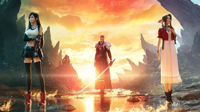 Sephiroth stands behind Tifa and Aerith at sunrise. 