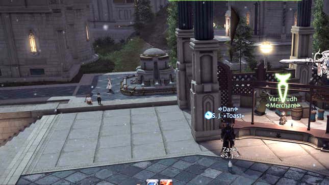 A player character in Final Fantasy 14 talks to a merchant in a fantasy city.