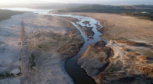 The Theewaterskloof Dam, which supplies most of Cape Town’s potable water, is seen from above near Villiersdorp, South Africa on Feb. 20.