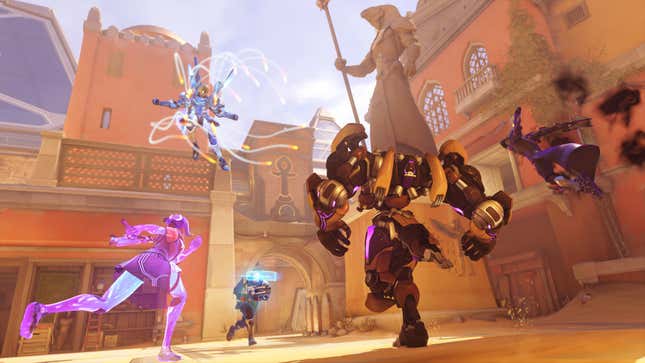 Overwatch heroes fight on a Clash map.