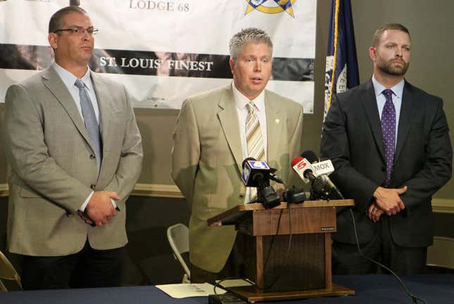 Joe Steigert, President of the St. Louis Police Officers’ Association, left, Jeff Roorda, Association Business Manager, center, and Brian Millikan, attorney.