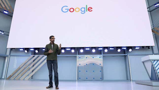 A photo of Sundar Pichai on stage at Google I/O