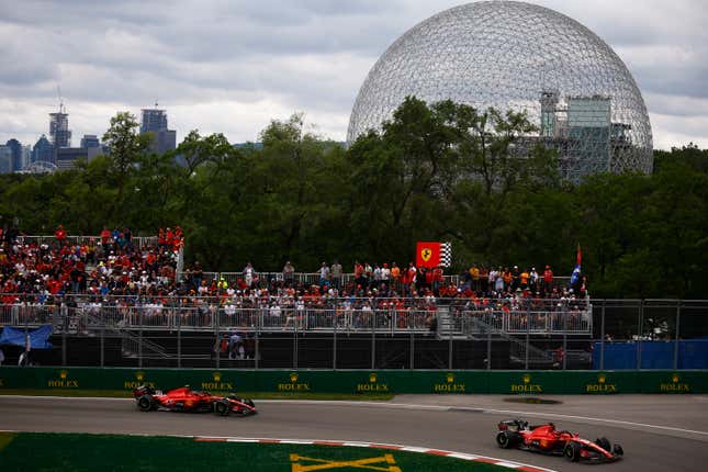 Charles Leclerc of Monaco driving the (16) Ferrari SF-23 leads Carlos Sainz of Spain driving (55) the Ferrari SF-23 on track during the F1 Grand Prix of Canada at Circuit Gilles Villeneuve on June 18, 2023 in Montreal, Quebec