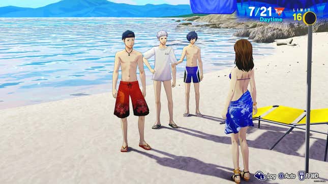 Junpei, Akihiko, and Makoto talk to a woman on a beach.