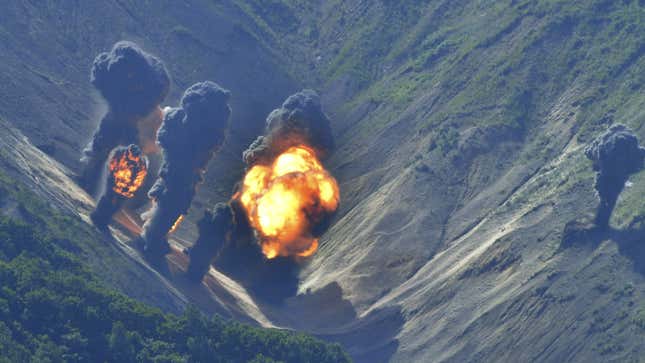 In this photo provided by South Korea Defense Ministry, bombs dropped by U.S. Air Force B-1B bombers, F-35 stealth fighter jets and South Korean F-15 fighter jets hit a simulated target as they fly over the Korean Peninsula, South Korea, Thursday, Aug. 31, 2017. The United States flew some of its most advanced warplanes in bombing drills with ally South Korea on Thursday, a clear warning after North Korea launched a midrange ballistic missile designed to carry nuclear bombs over Japan earlier this week, South Korea's military said. North Korea hates such displays of U.S. military might at close range and will likely respond with fury.