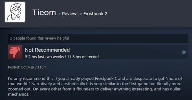 Image for article titled Frozen City Builder Frostpunk 2, As Told By Steam Reviews