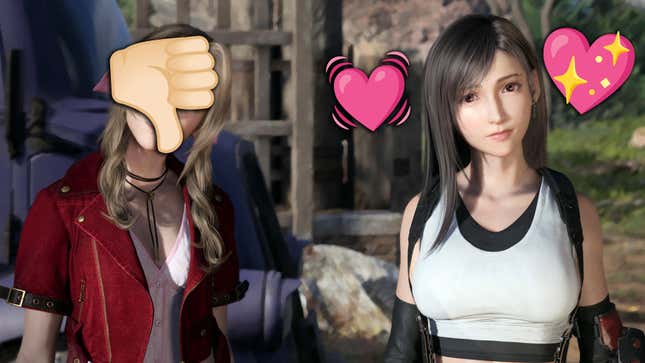 Tifa and Aerith stand next to one another. A thumbs down emoji is positioned over Aerith's face while heart emojis are on either side of Tifa.