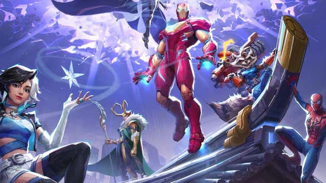 Luna Snow, Loki, Storm, Iron Man, Rocket Raccoon, and Spider-Man are shown perched on top of a building.