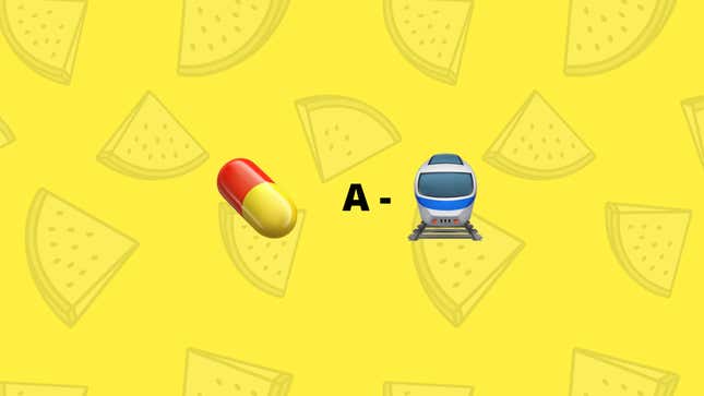 Emojis of a pill and a train with the letter "A" next it are shown. The latter is meant to communicate "A-train."