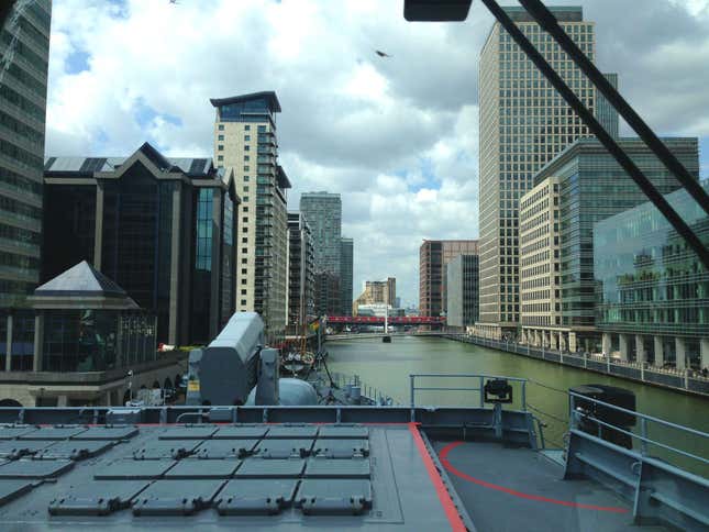 Canary Wharf as seen from the bridge of the Sachsen. In the foreground is the “vertical launching system” of anti-aircraft missiles.