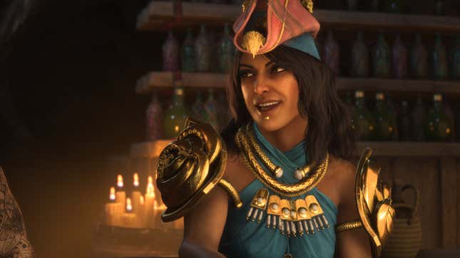 Isabela talks to someone off-screen in front of a bar.