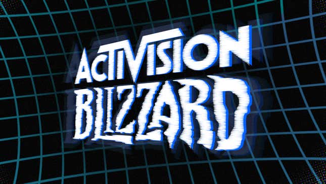 An Activision Blizzard logo hangs in front of a futuristic grid background.