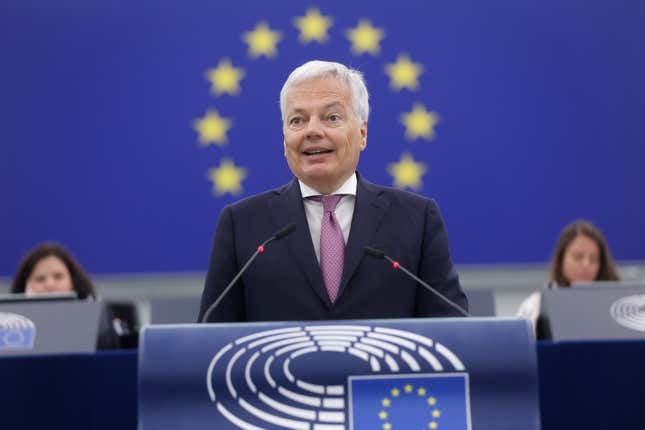 FILE - European Commissioner for Justice Didier Reynders delivers a speech on the electoral law, the investigative committee and the rule of law in Poland, Wednesday, June 14, 2023 at the European Parliament in Strasbourg, eastern France. The European Union on Thursday, Oct. 12, 2023 ordered U.S. biotech giant Illumina to undo its $7.1 billion purchase of cancer-screening company Grail because it closed the deal without approval of regulators in the 27-nation bloc. (AP Photo/Jean-Francois Badias, File)