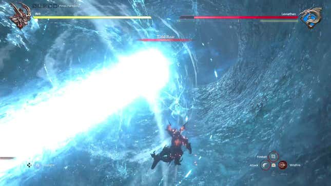 Ifrit evades a massive blue beam as the attack name Tidal Roar is displayed.