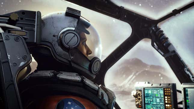 A character looks out from a cockpit in Starfield.