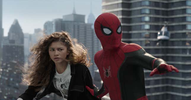 MJ (Zendaya) prepares to freefall with Spider-man in Columbia Pictures’ SPIDER-MAN: NO WAY HOME.