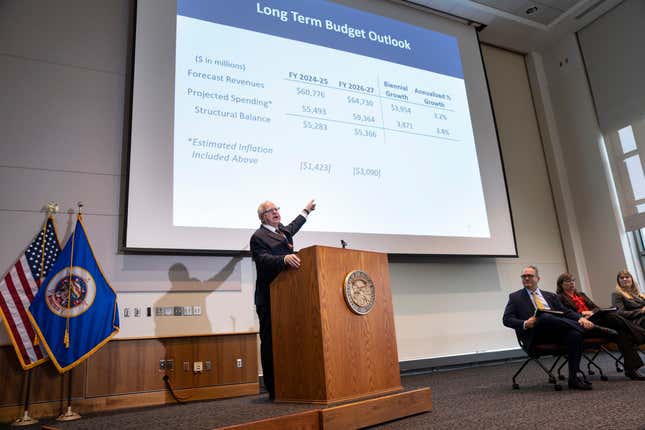 FILE - Minnesota Gov. Tim Walz speaks at a news conference on the Minnesota economic and budget forecast in St. Paul, Minn., Monday, Feb. 27, 2023. Almost every U.S. state has cut taxes in some way in the past three years. But that trend may be slowing as many states head into their 2024 legislative sessions with lagging tax revenues. (Renée Jones Schneider/Star Tribune via AP, FILE)