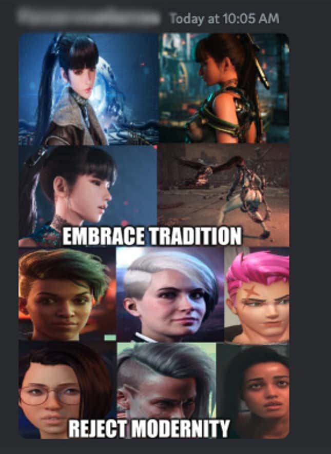 A screenshot from the Sweet Baby Inc. Discord showing Stellar Blade's main character compared to other main characters with short hair and the quote Embrace Tradition, Reject Modernity emblazoned on it.  
