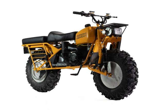 A yellow two-wheel drive Rokon TrailBreaker on a white background