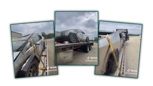 A screenshot showing threee images of a crashed Tesla Cybertruck. 