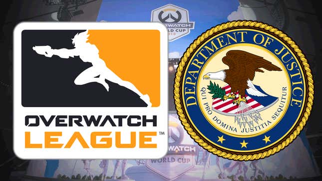 The Overwatch League logo and Department of Justice seal over the backdrop of the 2018 Overwatch World Cup. 