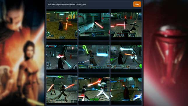 A series of images depicts surrealist AI-generated screenshots of a hypothetical sequel to Star Wars: Knights of the Old Republic 2.