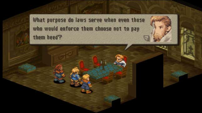 FFT characters talk around a table. 