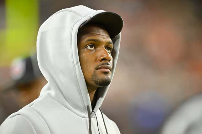 Cleveland Browns quarterback Deshaun Watson stands on the field during an NFL preseason football game against the Chicago Bears, Saturday, Aug. 27, 2022, in Cleveland. The Bears won 21-20.