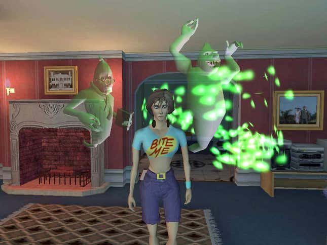 A person stands in front of a couple of ghosts.