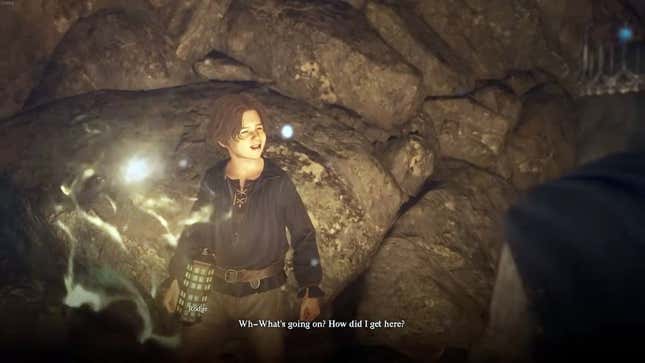 A boy named Rodge questions how he got in a cave during the "Prey for the Pack" side quest in Dragon's Dogma 2. 