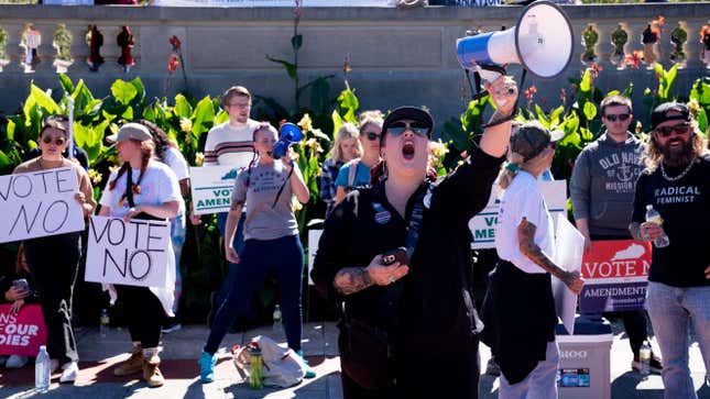Abortion rights supporters rally to oppose the anti-abortion Amendment 2 on the steps of the Kentucky State Capitol in October.