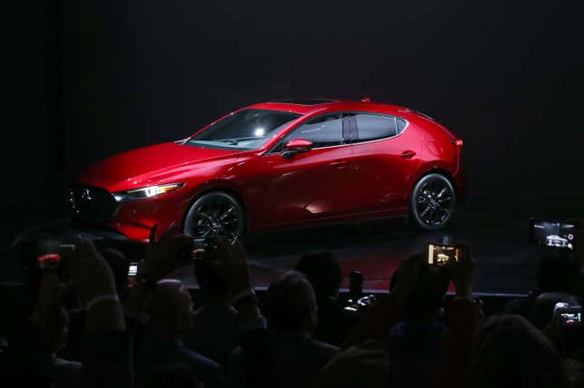 The all new Mazda3 is seen onstage during the Mazda event prior to the L.A. Auto Show on November 27, 2018 in Los Angeles, California