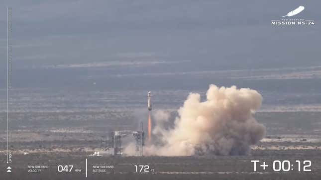 New Shepard clearing the tower during launch, December 19, 2023.