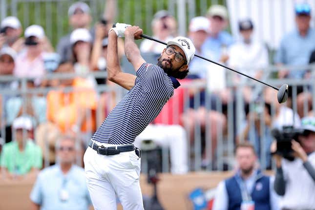 Apr 7, 2024; San Antonio, Texas, USA; Akshay Bhatia hits a tee shot at the first hole during the final round of the Valero Texas Open golf tournament.