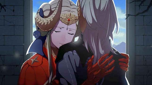 Edelgard cries while hugging the female Byleth