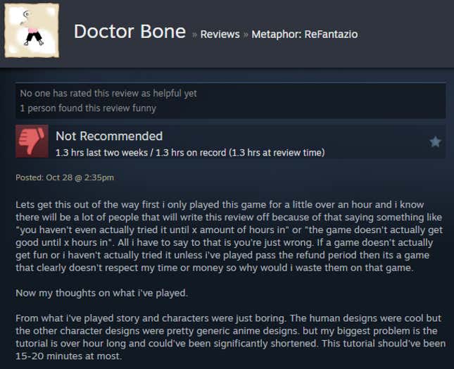 A screenshot shows a Steam review for Metaphor: ReFantazio.