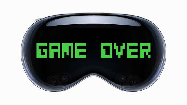 A Vision Pro headset with the words GAME OVER in greed written across them.