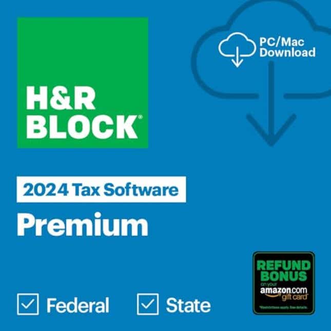 Image for article titled H&amp;R Block Tax Software Premium 2024 Win/Mac with Refund Bonus Offer (Amazon Exclusive) [PC/Mac Online Code], Now 50% Off