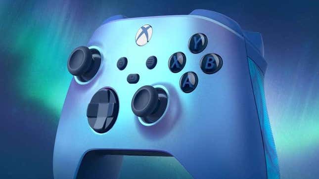 Image of a blue Xbox Series X/S controller against the backdrop of the Northern Lights. 