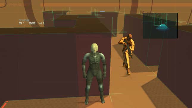Raiden hides against a wall while a guard approaches.