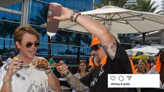 Guy Fieri dispenses BBQ sauce onto Foodgod's plate