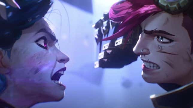 Jinx and Vi face off with fists ready to punch each other