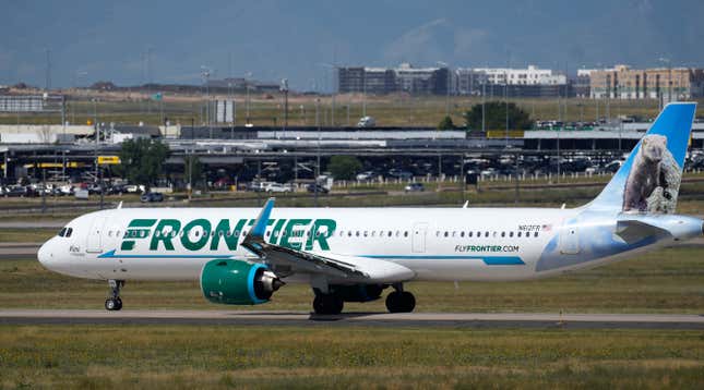 FILE - A Frontier Airlines jetliner waits on a runway for departure from Denver International Airport, Sept. 1, 2023, in Denver. Frontier Airlines has settled a lawsuit filed on behalf of pilots who said the airline discriminated against pregnant and breastfeeding employees. In the settlement announced Tuesday, Dec. 5, 2023 Frontier will let pilots pump breast milk in the cockpit during “noncritical phases” of flights. (AP Photo/David Zalubowski, file)