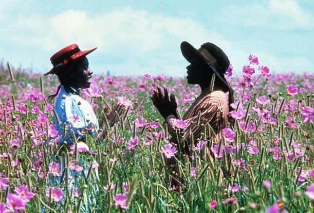 Akosua Busia with Desreta Jackson recite in rhyme their pledge in a scene from the film ‘The Color Purple’, 1985.