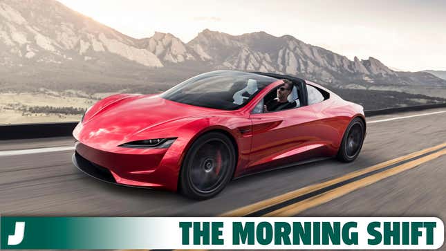 A red Tesla Roadster concept vehicle.