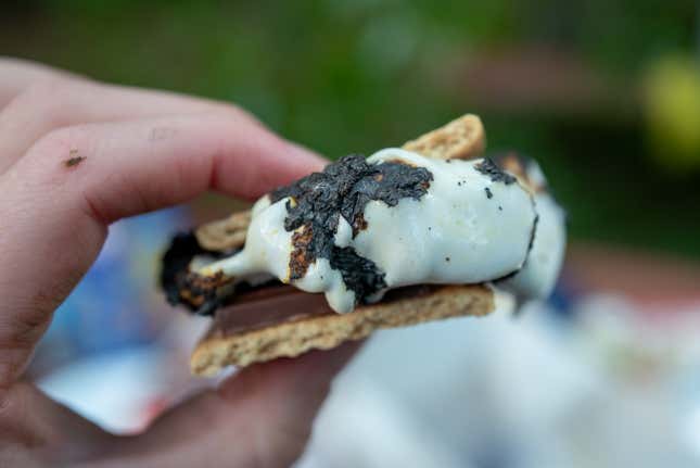 Nahaufnahme der Hand einer Person, die einen Marshmallow-Smore mit Graham-Crackern und Schokolade auf einem Campingplatz hält, Sonoma County, Kalifornien, 4. Mai 2024