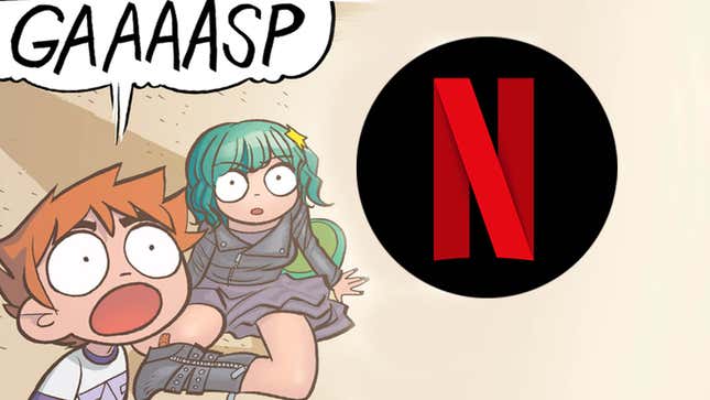 Scott Pilgrim from the comics stares at the Netflix logo in shock! 